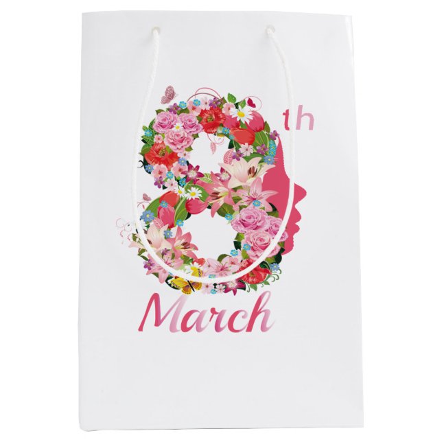 Sacola Para Presentes Média Dia Internacional da Mulher Feliz Dia das Mulheres (Frente)