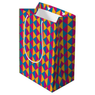 Sacola Para Presentes Média Diamantes e triângulos cor-de-rosa, amarelo e azul