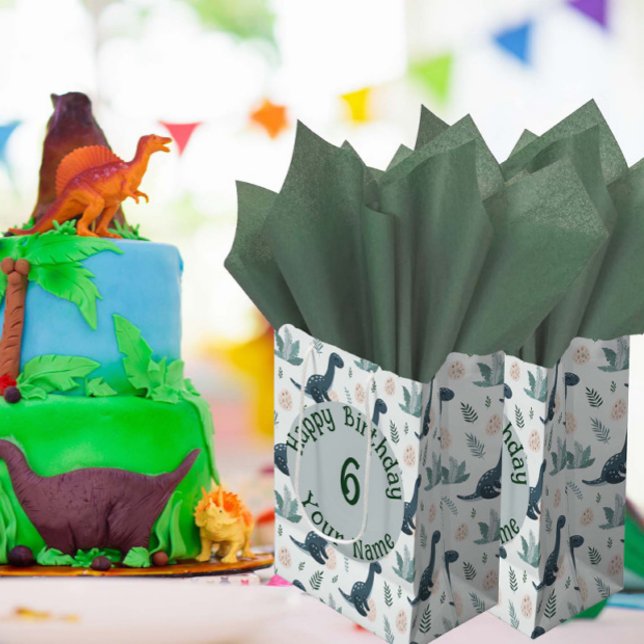 Sacola Para Presentes Média Dinossauro Azul Personalizado com Folhagem e Ovos (Criador carregado)