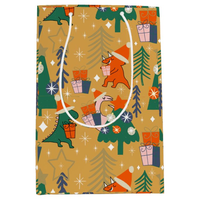 Sacola Para Presentes Média Dinossauro Festa de Natal Amarelo (Frente)