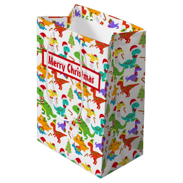 Sacola Para Presentes Média Dinossauros de Natal Feliz (Verso inclinado)
