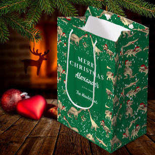 Sacola Para Presentes Média Dinossauros Fofos na Neve Natal Personalizado