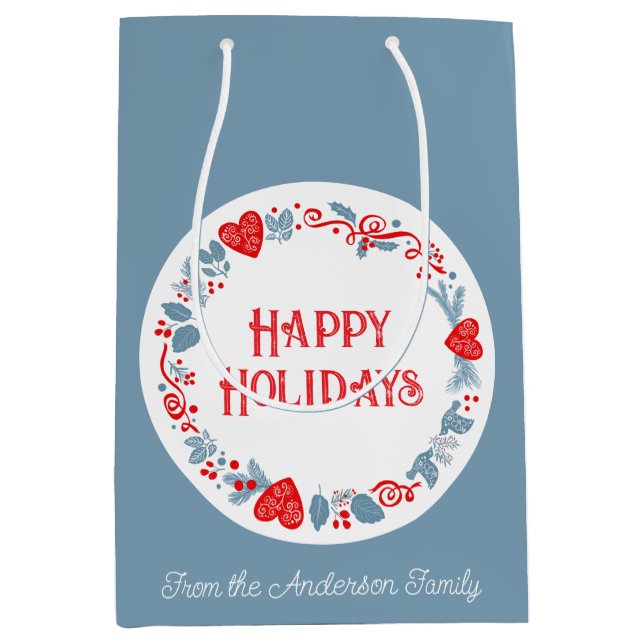 Sacola Para Presentes Média Diversão festivo feliz família de feriados azul (Frente)