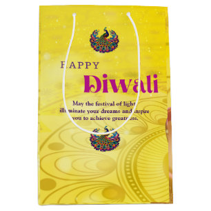 Sacola Para Presentes Média Diwali Yellow Mandala Lamp Peacock Personalizado