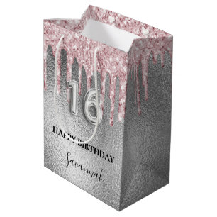 Sacola Para Presentes Média Doce 16 brilho prateado pinga 16º monograma rosa