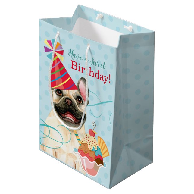 Sacola Para Presentes Média Doce Aniversário Francês Bulldog Médio Bag (Frente inclinada)