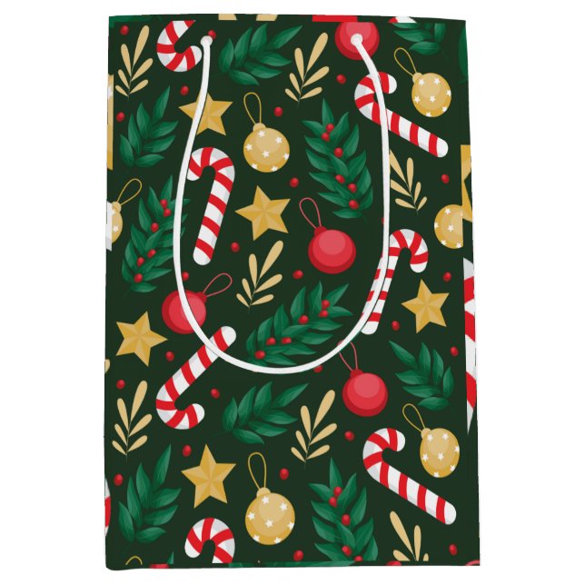 Sacola Para Presentes Média doces clássicos e folhas de Natal (Frente)