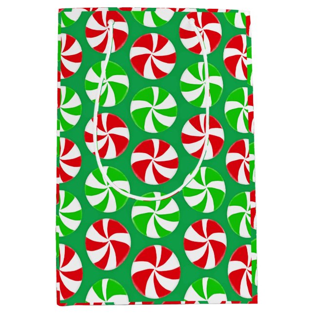 Sacola Para Presentes Média Doces de hortelã-pimenta-de-natal verde e vermelho (Frente)