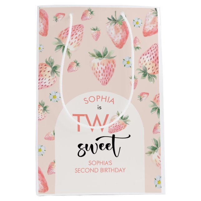 Sacola Para Presentes Média Dois aniversários de criança de morango doce (Frente)