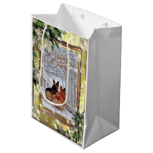 Sacola Para Presentes Média Dois Corgis na neve com quadro