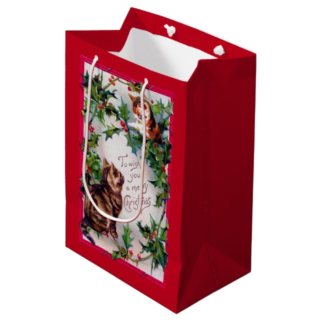 Sacola Para Presentes Média Dois Kittens e Holly de Natal (Frente inclinada)