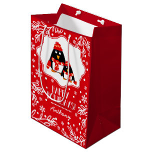 Sacola Para Presentes Média Dois Pequenos Pinguins - Nome Personalizado Natal