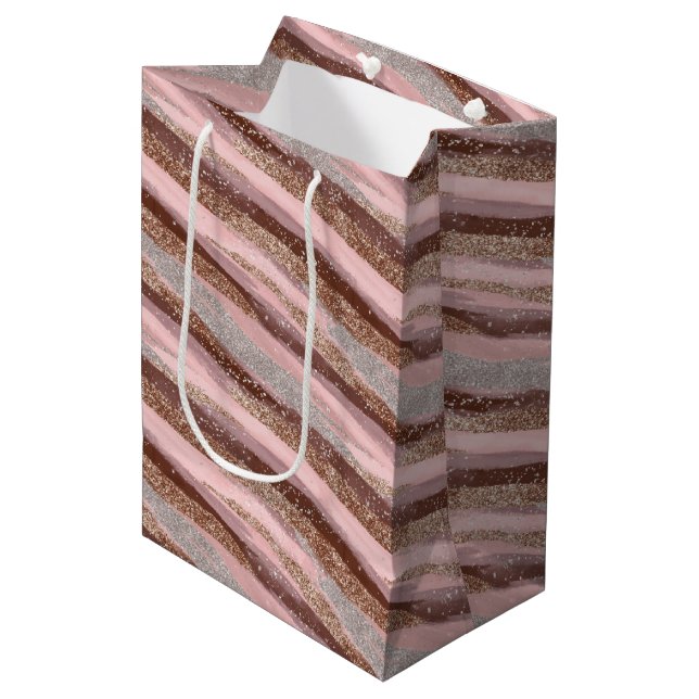 Sacola Para Presentes Média Dourada barra de presentes com riscas rosadas bril (Frente inclinada)