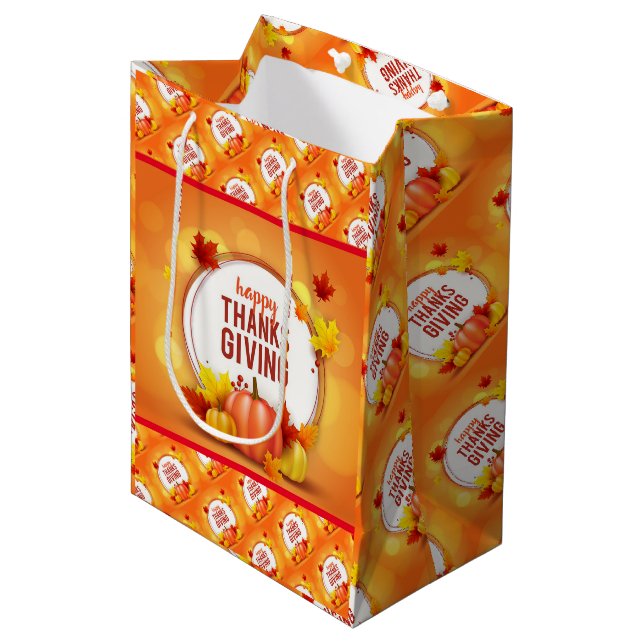 Sacola Para Presentes Média Dourada Feliz Presente de Ação de Graças (Frente inclinada)