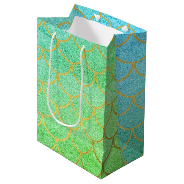 Sacola Para Presentes Média Dourada Scalid Turquoise Teal Glitter (Frente inclinada)