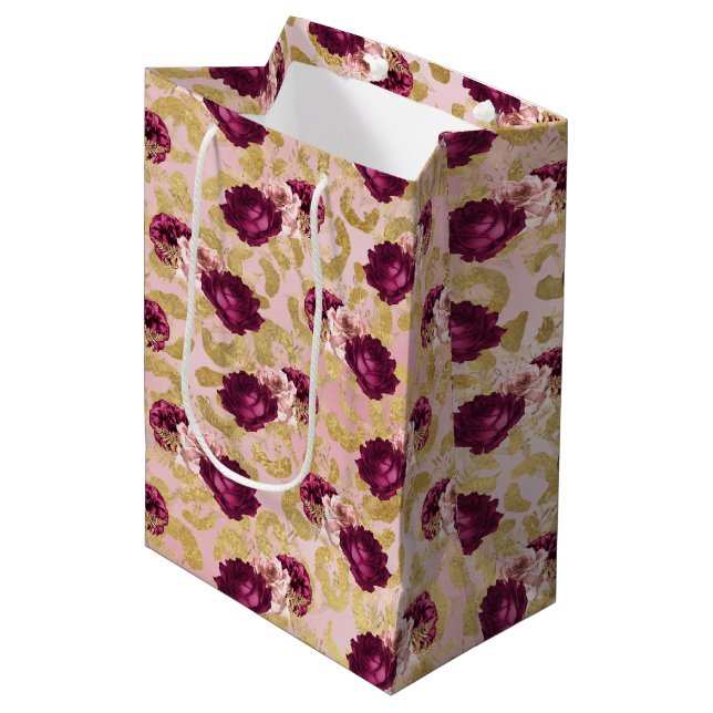 Sacola Para Presentes Média Douradas rosas cor-de-rosa impressas com leopardo (Frente inclinada)