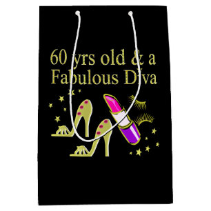 SACOLA PARA PRESENTES MÉDIA DOURADO 60 ANOS DE IDADE E DIVA FABULOSA
