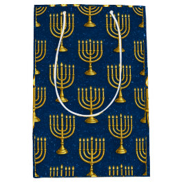 Sacola Para Presentes Média Dourado Menorahs em Sparkly Jay Blue Hanukkah