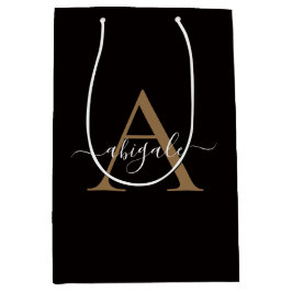 Sacola Para Presentes Média Dourado Monogramado Óleo Preto | Minimalista Elega