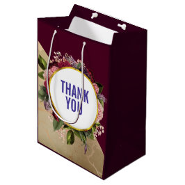 Sacola Para Presentes Média Dourado padrão de mármore e Florais de borgonha Ob