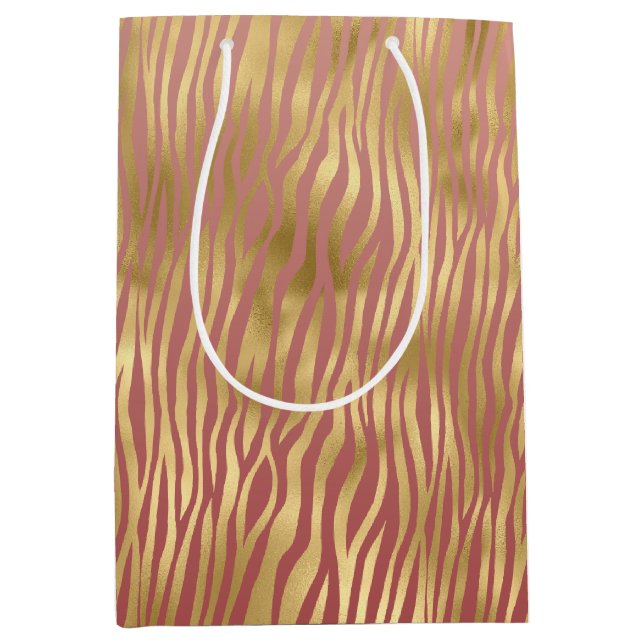 Sacola Para Presentes Média Dourado Peach Red Zebra Stripes (Frente)