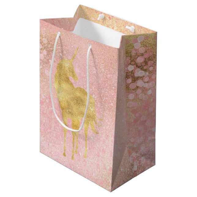 Sacola Para Presentes Média Dourado Unicórnio Mágico Cor-de-Rosa (Frente inclinada)