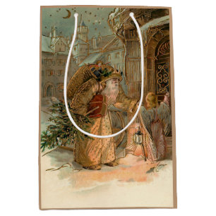 Sacola Para Presentes Média Dourado Vintage Pai Natal e Angel
