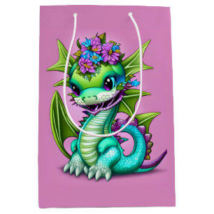 Sacola Para Presentes Média Dragão-bebê roxo e verde