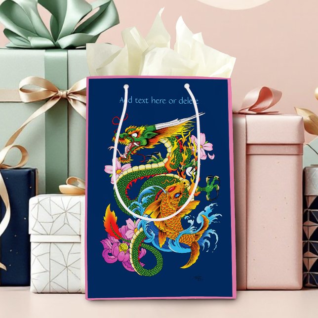 Sacola Para Presentes Média Dragão Chinês Verde Koi (Criador carregado)