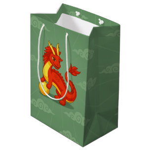 Sacola Para Presentes Média Dragão Chinês Vermelho Aniversário no Verde