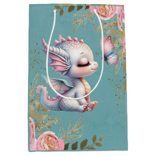 Sacola Para Presentes Média Dragão Floral de Ouro Rosa Dragão Borboleta Garota