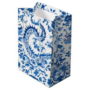 Sacola Para Presentes Média Dragão moderno e trendy em chinoiserie azul e bran