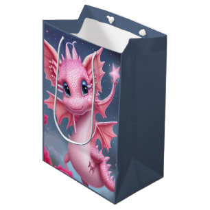 Sacola Para Presentes Média Dragão rosa-claro com flores rosa