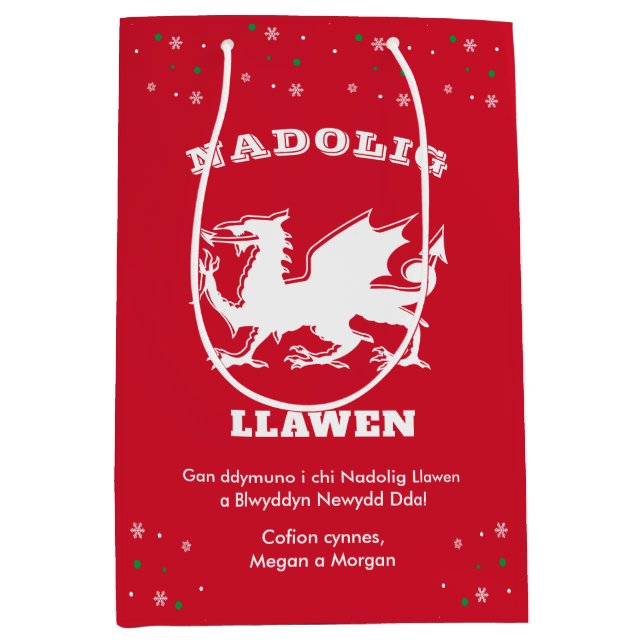 Sacola Para Presentes Média Dragon Nadolig Llawen Welsh Pensava Feliz Natal (Frente)