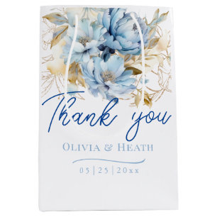 Sacola Para Presentes Média Dusty Blue Floral Dourado Casamento