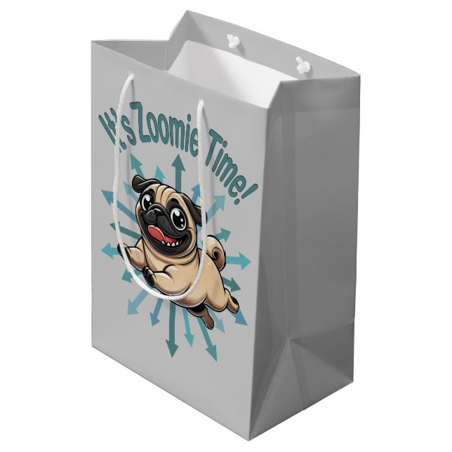 Sacola Para Presentes Média É hora do Zoomie Pug (Verso inclinado)