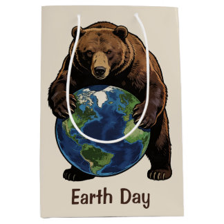 Sacola Para Presentes Média Earth Day Bear Hugging Planet Design