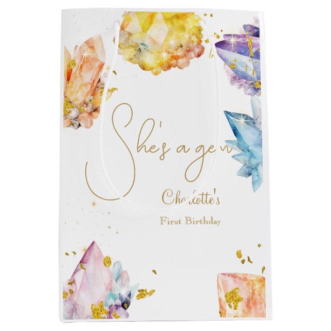 Sacola Para Presentes Média Ela é uma aquarela da Gem Birthday Crystals Girl (Frente)