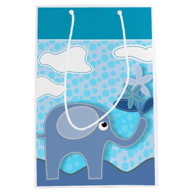 Sacola Para Presentes Média Elefante Azul Bebê e Flor (Frente)