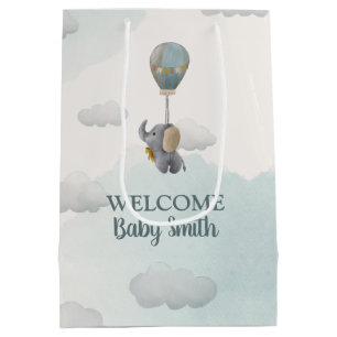 Sacola Para Presentes Média Elefante-bebê-cinza, balão de ar quente em nuvens