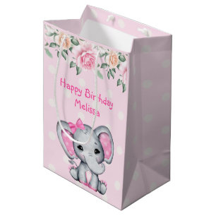 Sacola Para Presentes Média Elefante-bebê rosa-branca e borda-Rosa