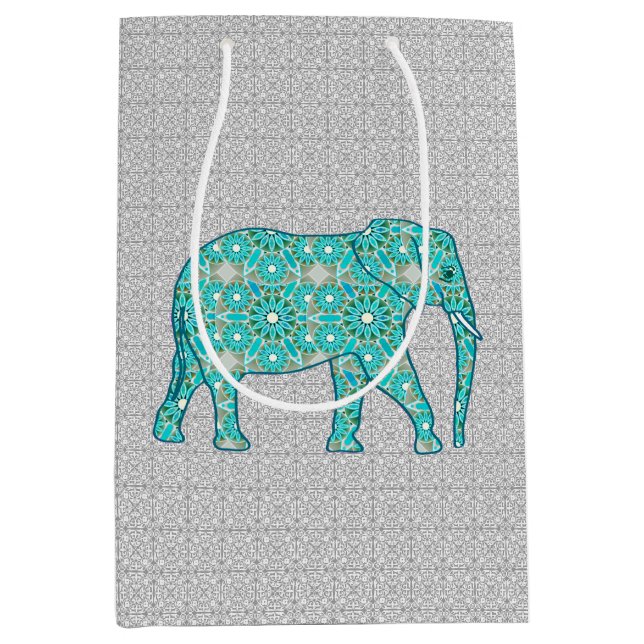 Sacola Para Presentes Média Elefante Flor Mandala, Turquesa, Cinzas e Branco (Frente)