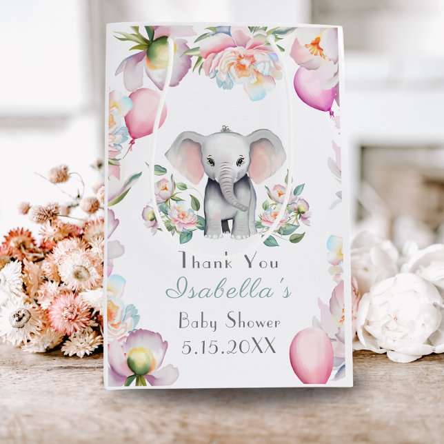Sacola Para Presentes Média Elefante Para Bebês Com Chá de fraldas De Peões E  (Celebrate joyfully with baby elephant, peonies, and balloons: shower happiness!)
