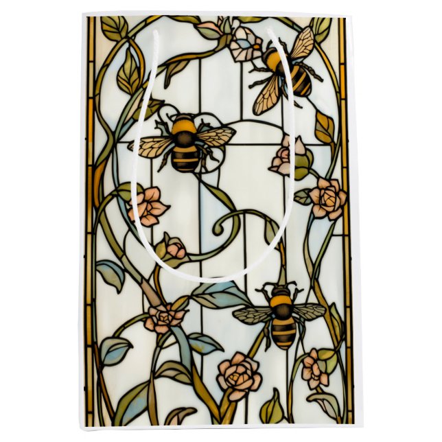 Sacola Para Presentes Média Elegant art nouveau botanical  bee stain glass (Frente)