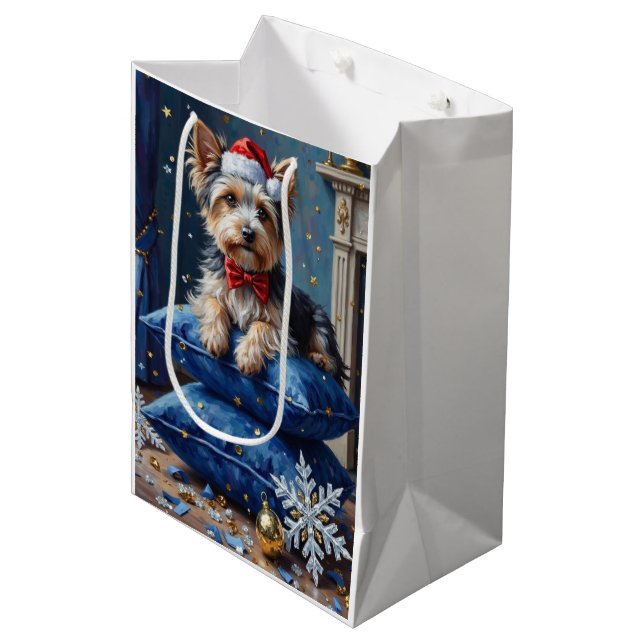 Sacola Para Presentes Média Elegant Biewer Terrier Dog Velvet Christmas (Frente inclinada)