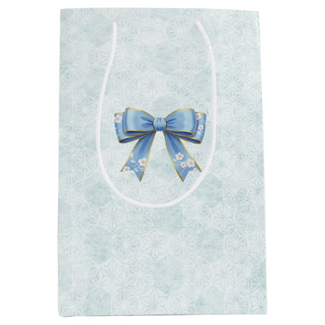 Sacola Para Presentes Média Elegant Blue Bow Engagement Party Invitation (Frente)