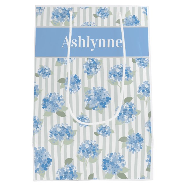 Sacola Para Presentes Média Elegant Blue Hydrangea Pattern Gray Stripe Name (Verso)