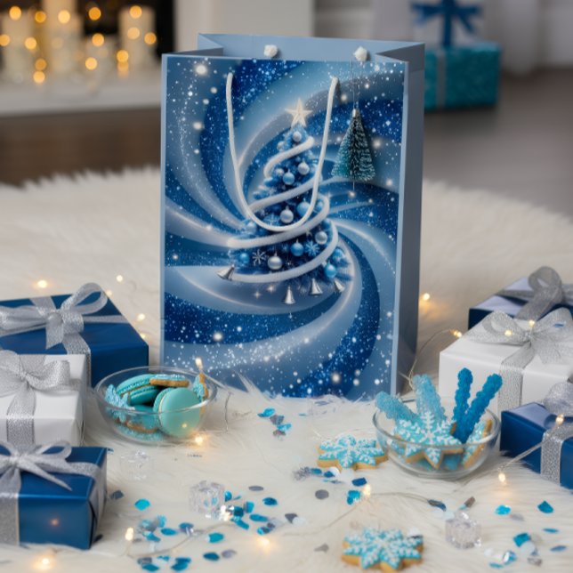 Sacola Para Presentes Média Elegant Blue Swirl Christmas Tree Gift Bag (Criador carregado)