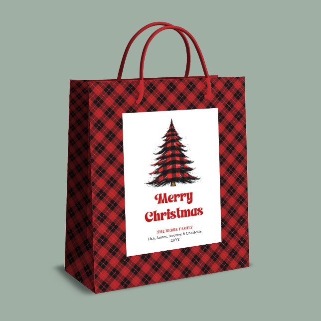 Sacola Para Presentes Média Elegant buffalo plaid Christmas tree gift bag name (Elegant buffalo plaid Christmas tree gift bag name)