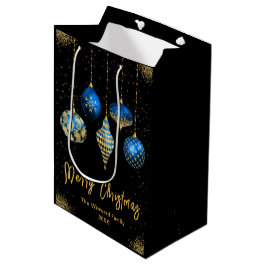 Sacola Para Presentes Média Elegant Gold and Blue Ornament Christmas
